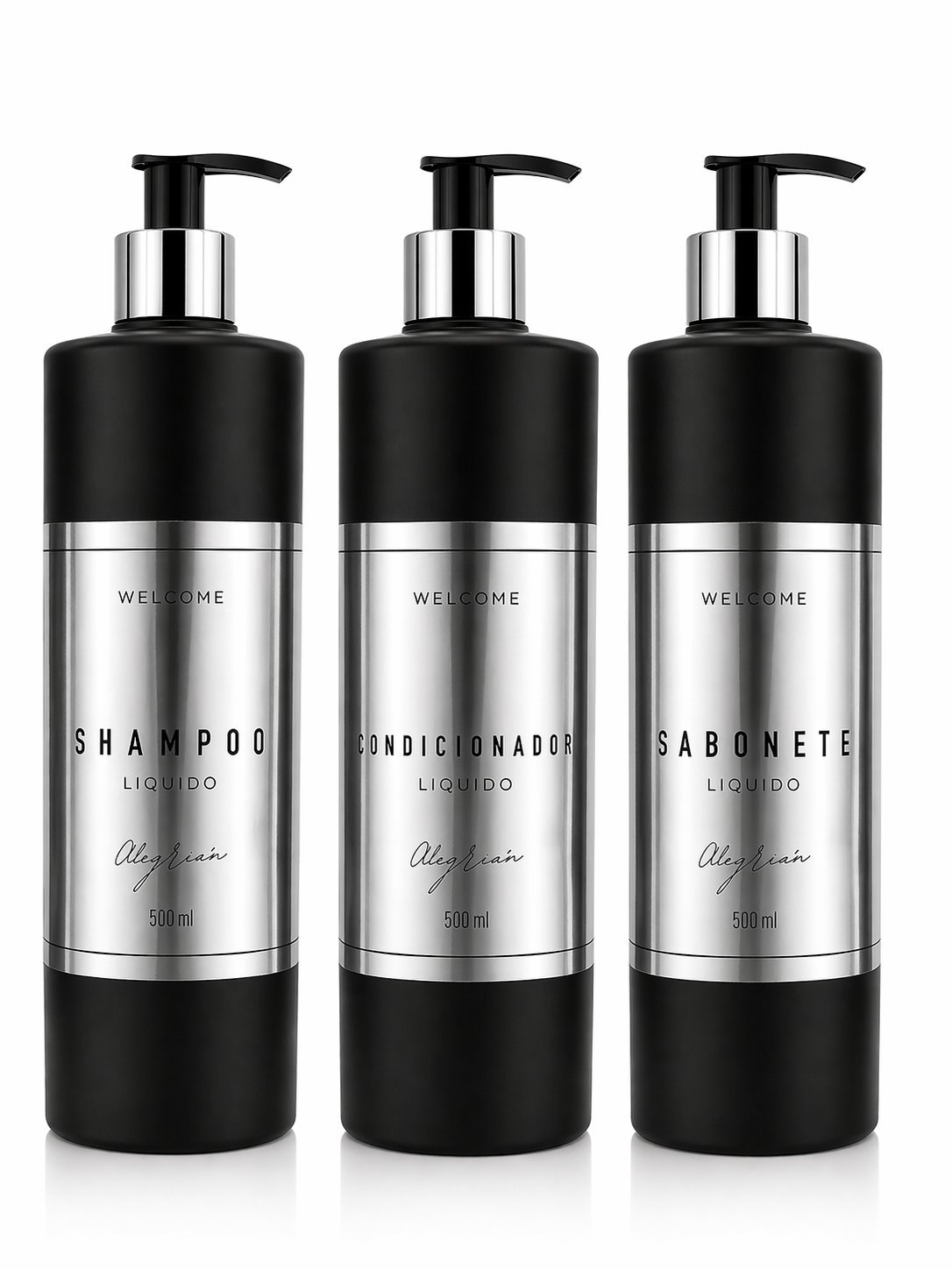Kit Dispenser WeGreen 500ml modelo preto fundo estúdio