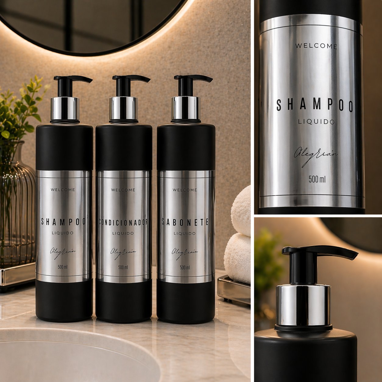 Colagem detalhes kit preto: etiqueta metalizada e pump preto cromado